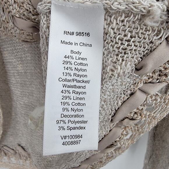 Coldwater Creek Cardigan Womens Small Beige Linen Blend Ribbon Detail Open Knit - Picture 10 of 11